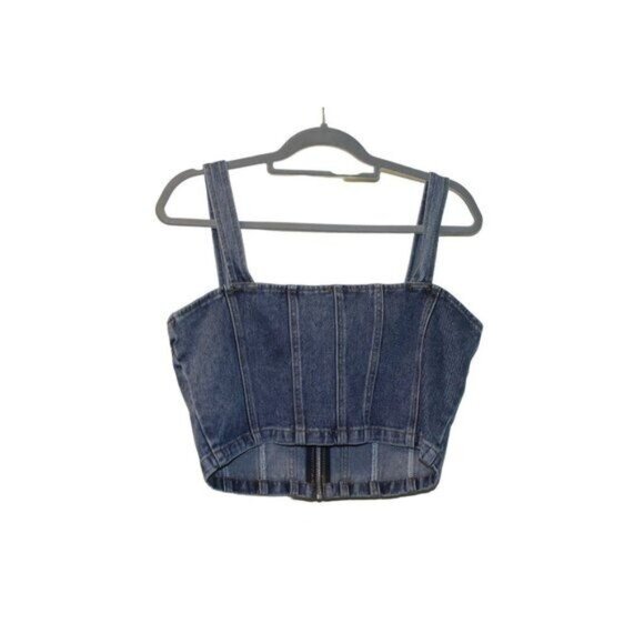 NWT bebe Multi Seam Zip Front Denim Bustier Top Size Large MSRP $98 New - Picture 2 of 11